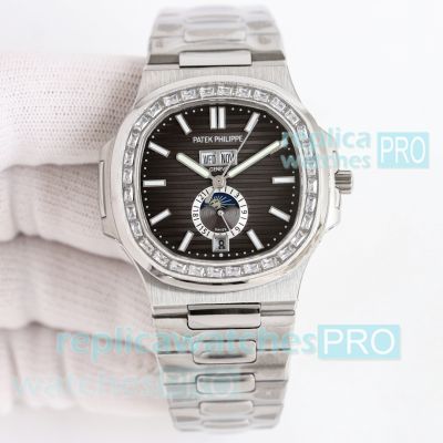 TWF 1-1 Swiss Replica Patek Philippe Nautilus 5726 Black Dial Diamond SS Calendar Watch 